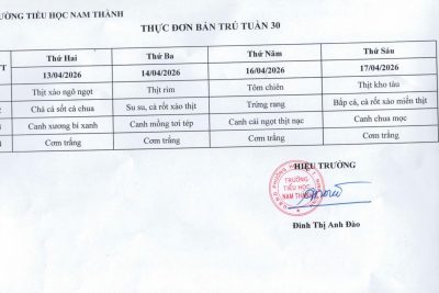 Thực đơn bán trú Tuần 30 (Từ ngày 13/4/2026 đến 17/4/2026)