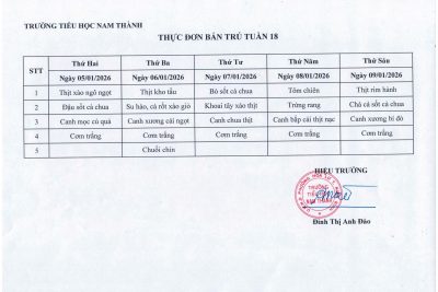 Thực đơn bán trú Tuần 18 ( Từ ngày 05/01/2026 đến 09/01/2026)