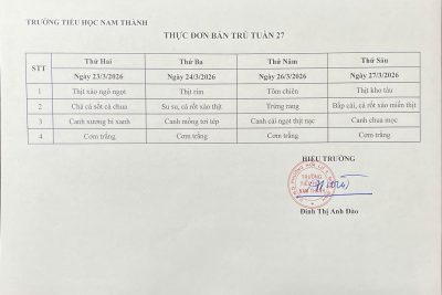 Thực đơn bán trú Tuần 27 (Từ ngày 23/3/2026 đến 27/3/2026)