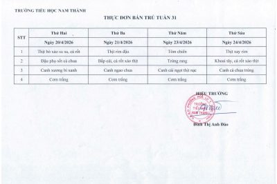 Thực đơn bán trú Tuần 31 (Từ ngày 20/4/2026 đến 24/4/2026)